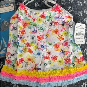 Pate De Sable Floral Ruffle Tank Dress in White with Pink Yellow Blue